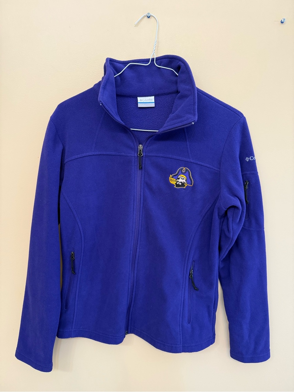 Columbia men’s ECU Pirates Purple Fleece Jacket with Pirate Patch